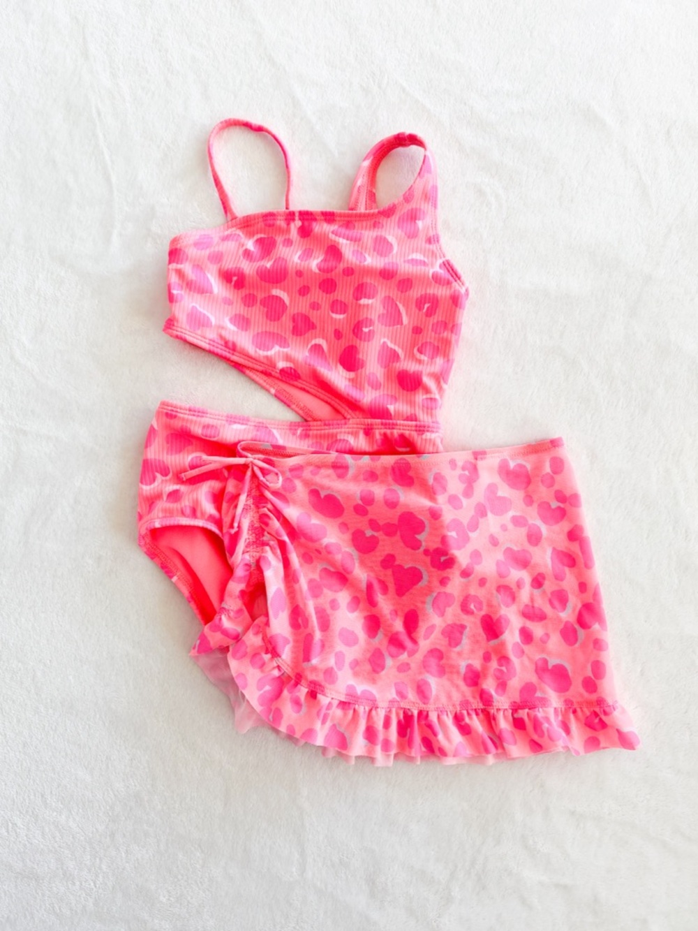 Cat & Jack Pink Leopard One Shoulder Swimsuit w/ Cover-Up Set Girls Size 6/7